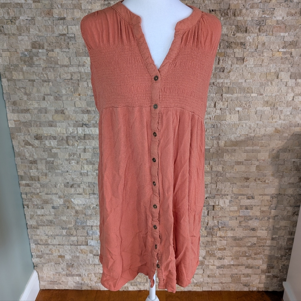 Boho Sleeveless Smocked Gauze Button Front Tank Tunic Dress Terracotta Sz Small